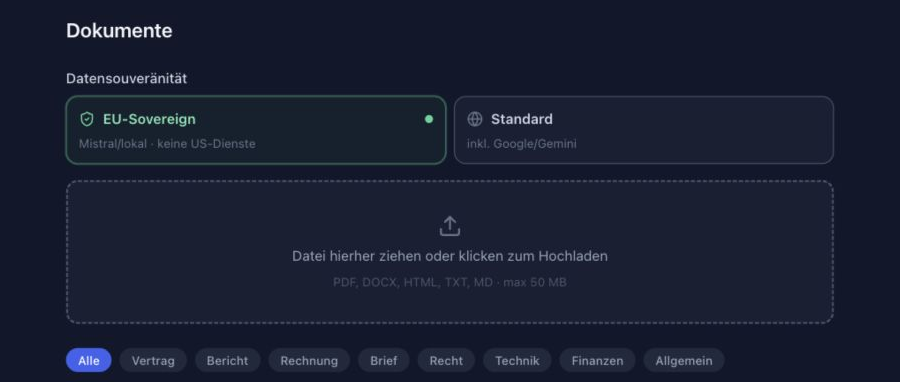 Wissensplattform mit kontrollierter Dokumentaufnahme und Verarbeitungsstatus.