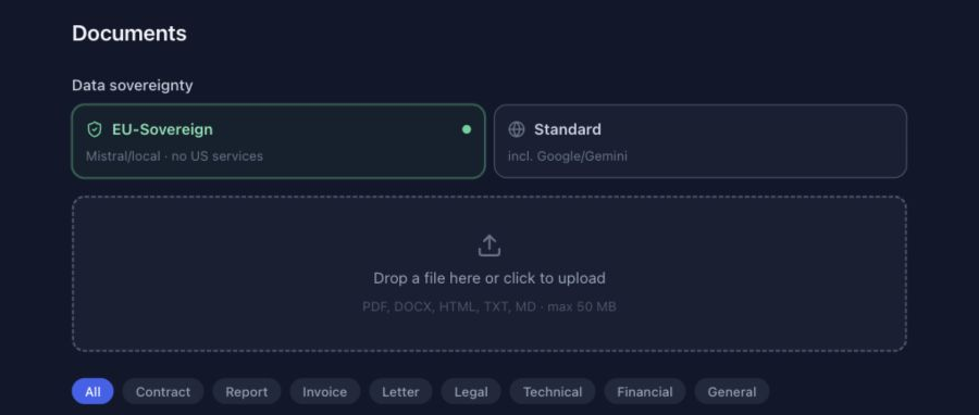 Plateforme de connaissance RAG/CAG dans AIonicOS montrant l’intégration contrôlée des documents et leur état de traitement.